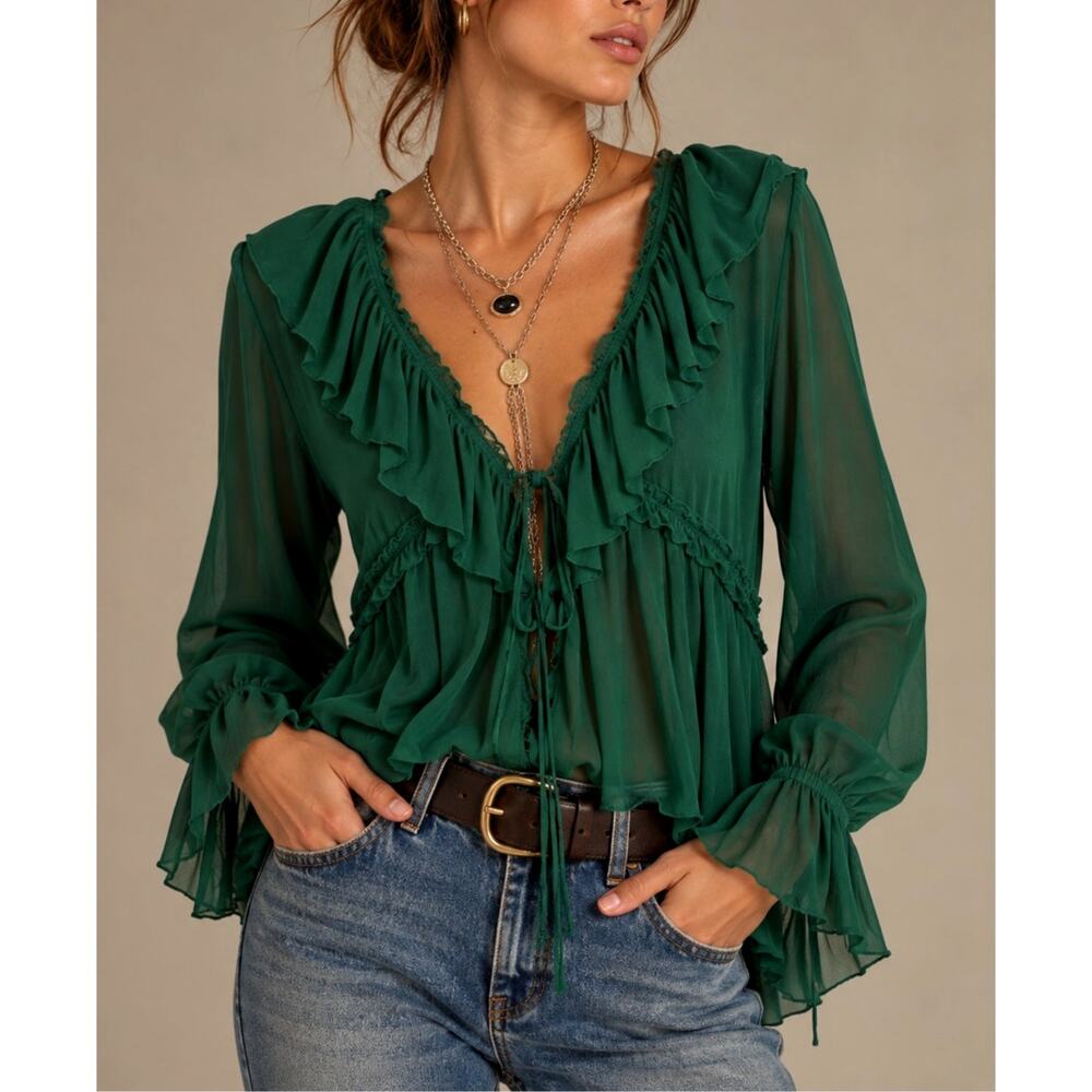Free People Fearless Sheer Tie Front Ruffle Top M Green Witchy Fairy Whimsigoth